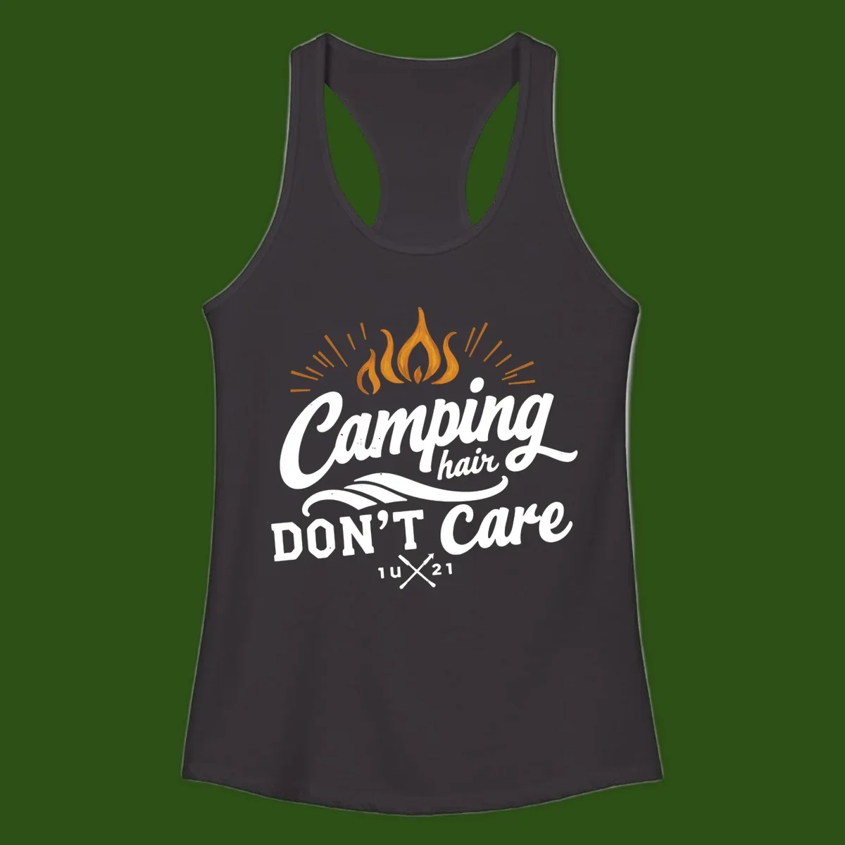 Camping hair don't care design with orange flame and radiating light rays in white lettering on gray background