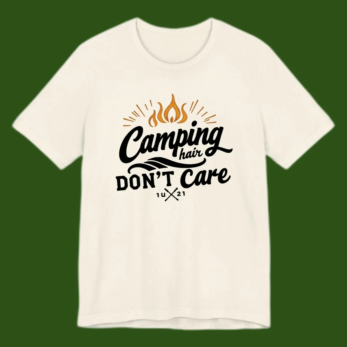 Camping hair don't care design with orange flame and radiating light rays in white lettering on gray background