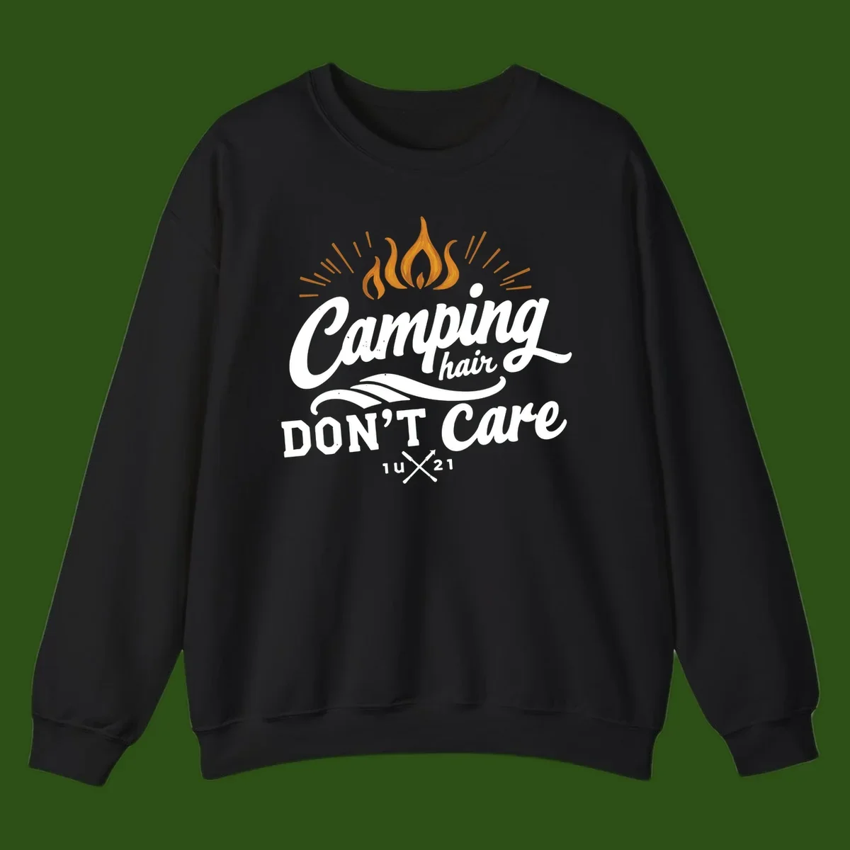 Camping hair don't care design with orange flame and radiating light rays in white lettering on gray background