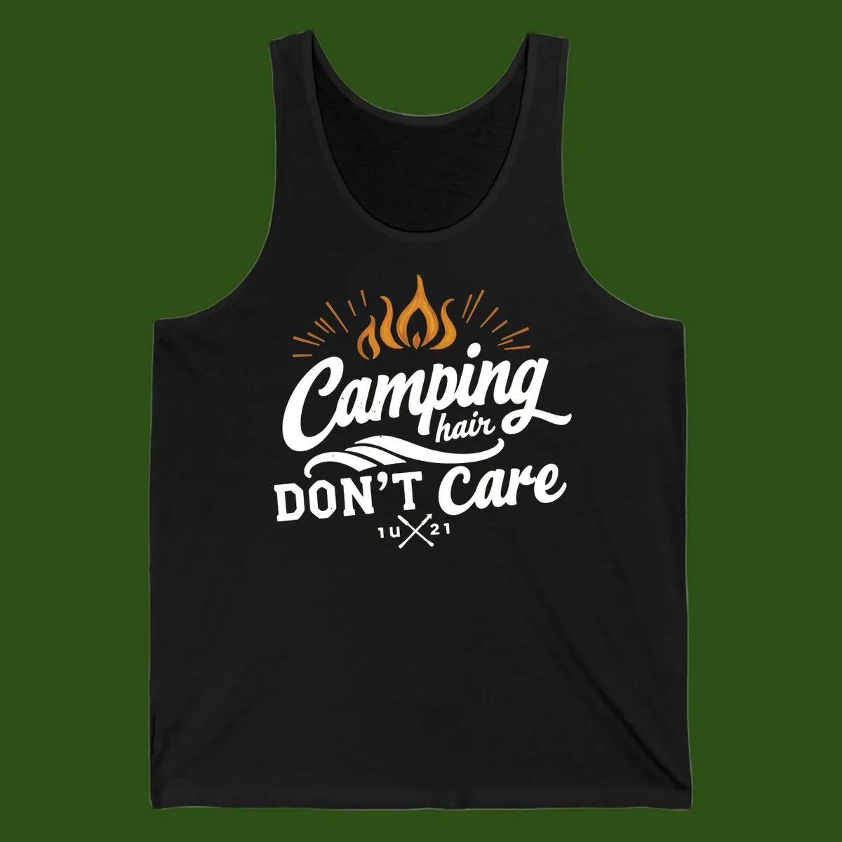 Camping hair don't care design with orange flame and radiating light rays in white lettering on gray background