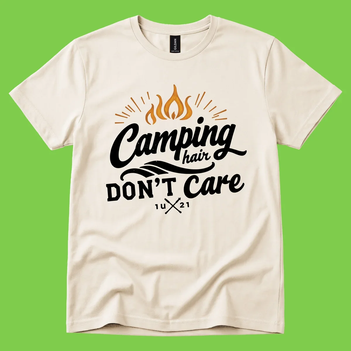 Camping hair don't care design with orange flame and radiating light rays in white lettering on gray background