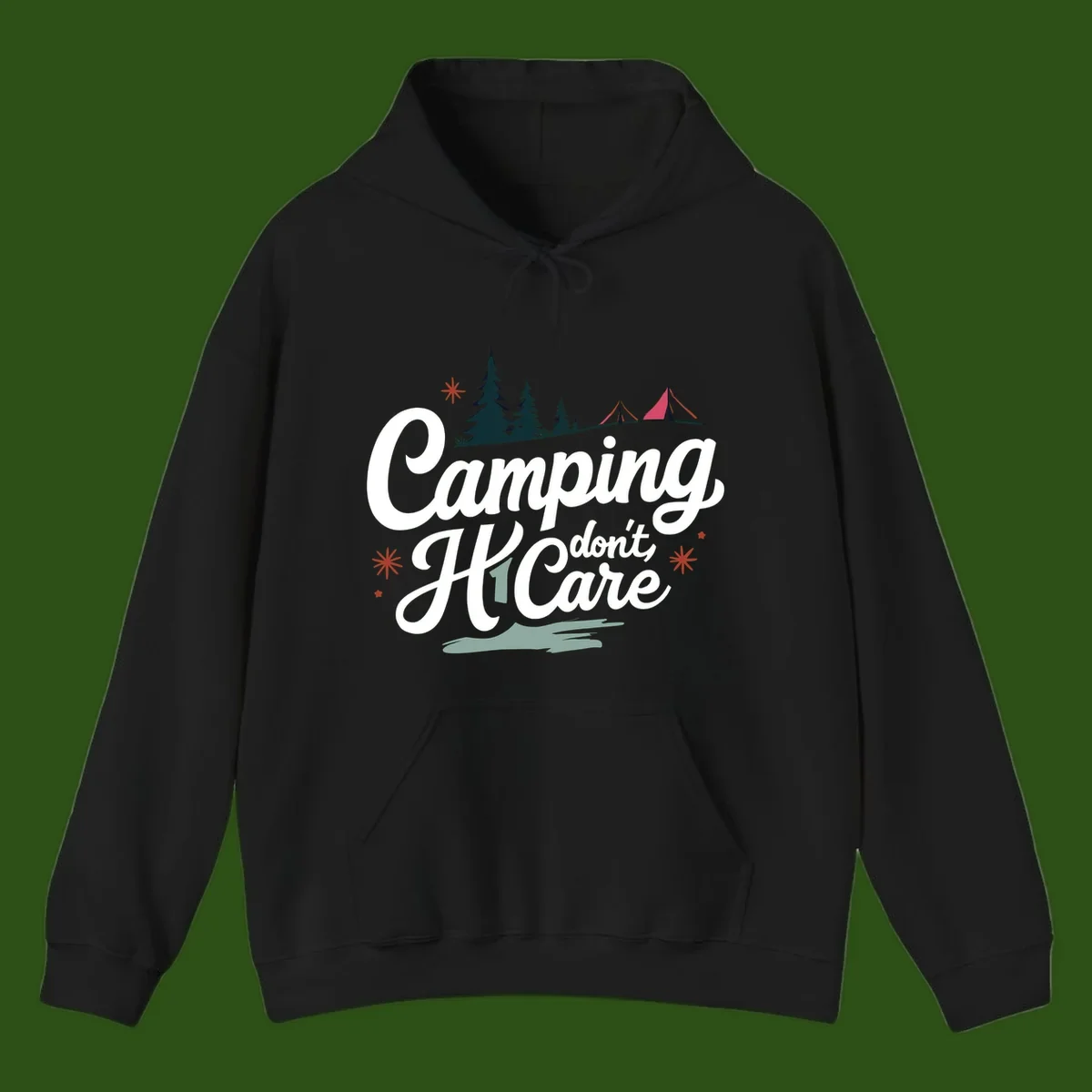 Camping I Don't Care design with white script text, evergreen trees, tents, stars, and scenic landscape on gray background