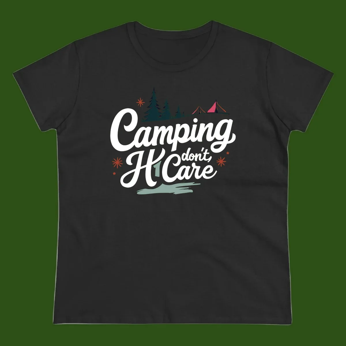 Camping I Don't Care design with white script text, evergreen trees, tents, stars, and scenic landscape on gray background