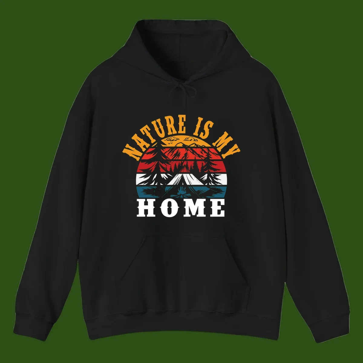 Nature Is Home mountain camping graphic with layered landscape, campfire, forest, and golden sun rays text design