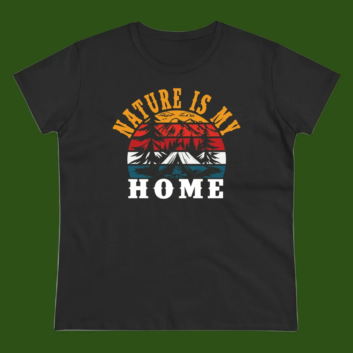 Nature Is Home mountain camping graphic with layered landscape, campfire, forest, and golden sun rays text design