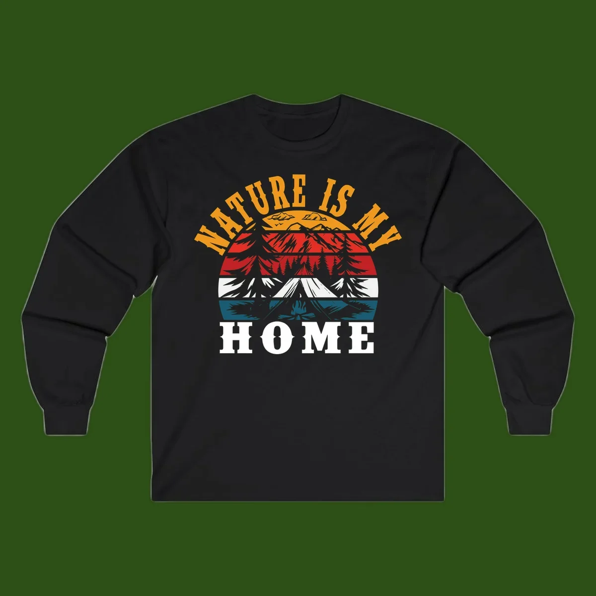 Nature Is Home mountain camping graphic with layered landscape, campfire, forest, and golden sun rays text design