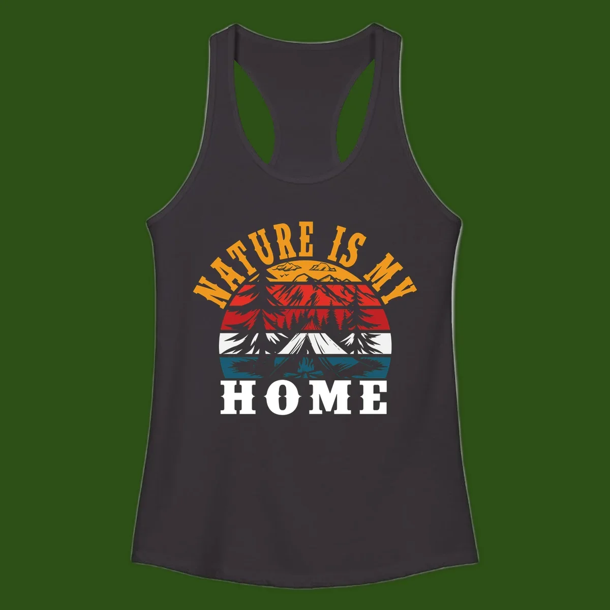 Nature Is Home mountain camping graphic with layered landscape, campfire, forest, and golden sun rays text design