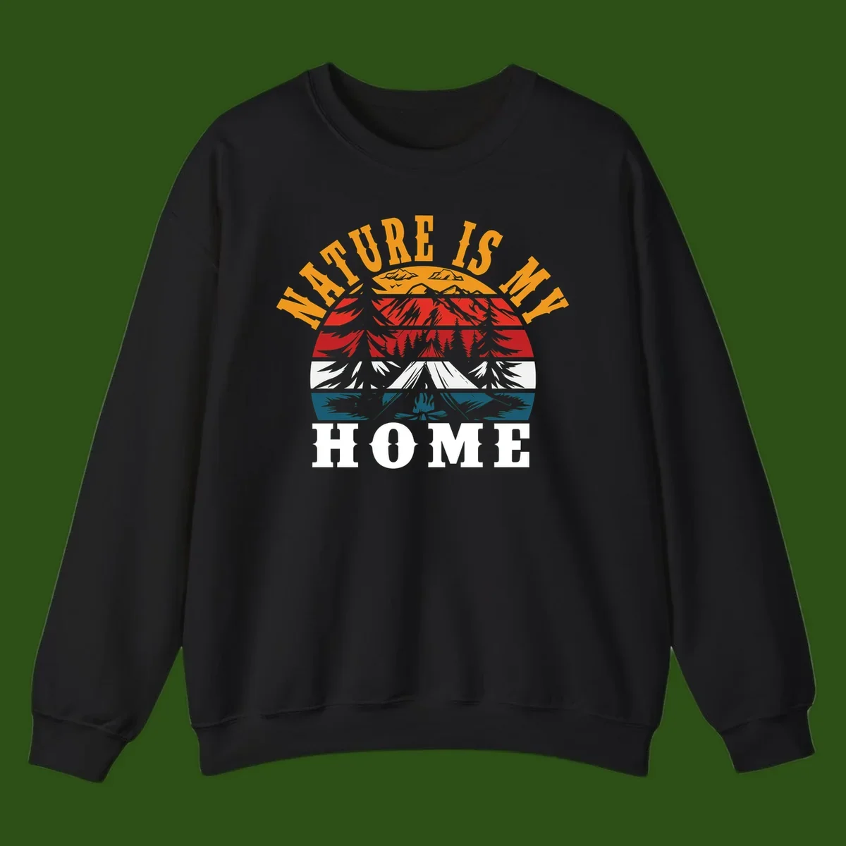 Nature Is Home mountain camping graphic with layered landscape, campfire, forest, and golden sun rays text design