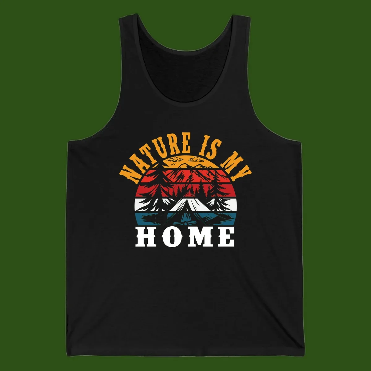 Nature Is Home mountain camping graphic with layered landscape, campfire, forest, and golden sun rays text design