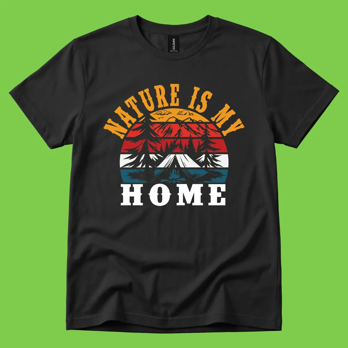 Nature Is Home mountain camping graphic with layered landscape, campfire, forest, and golden sun rays text design