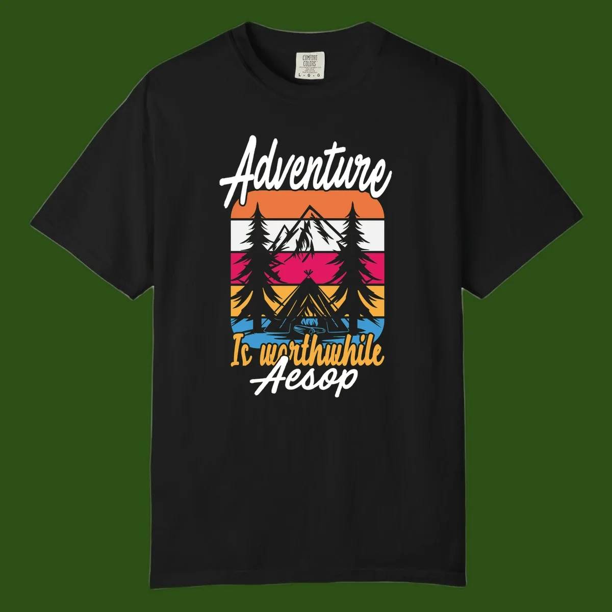 Retro layered mountain landscape with evergreen trees and 'Adventure Is Worthwhile Aesop' text in vintage style