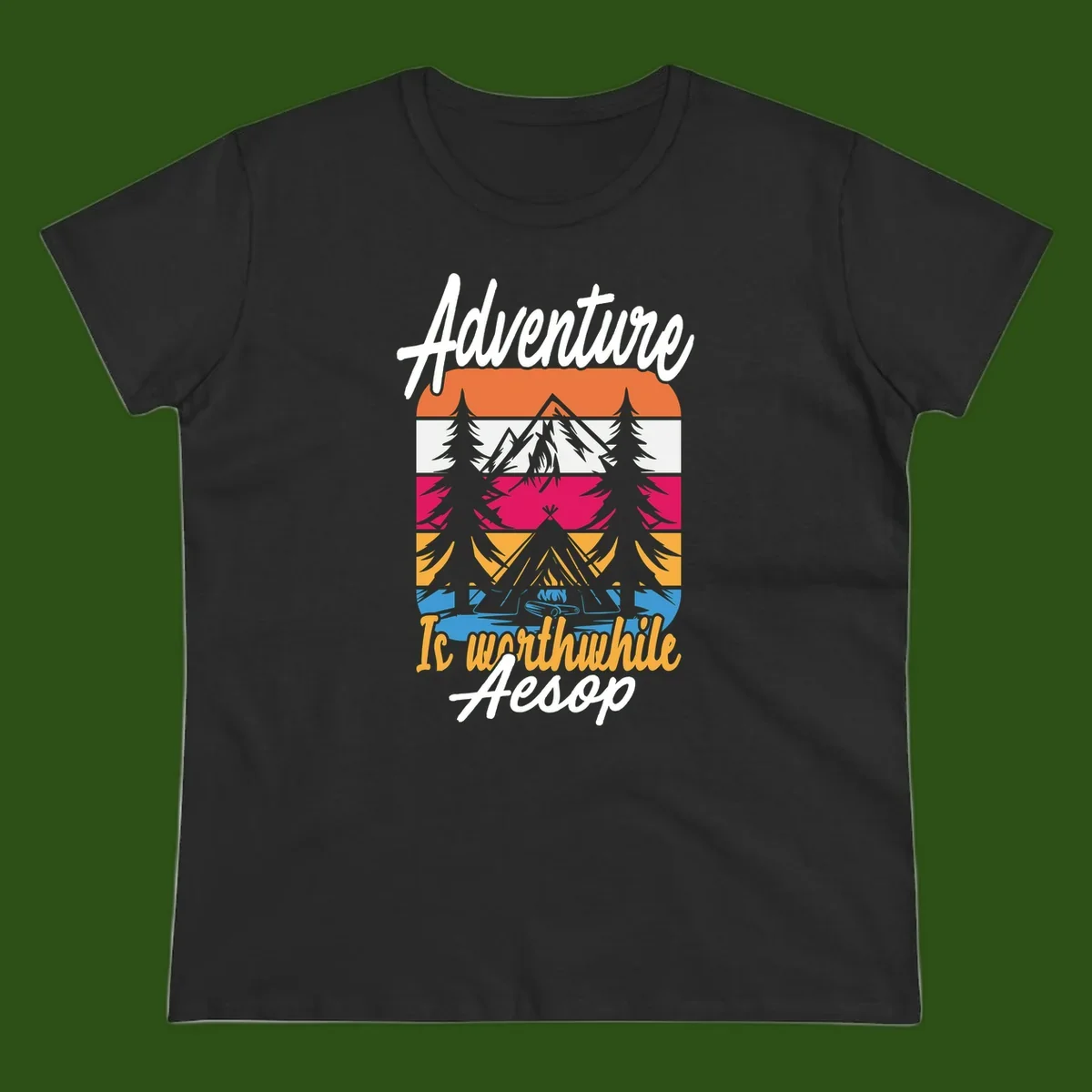 Retro layered mountain landscape with evergreen trees and 'Adventure Is Worthwhile Aesop' text in vintage style