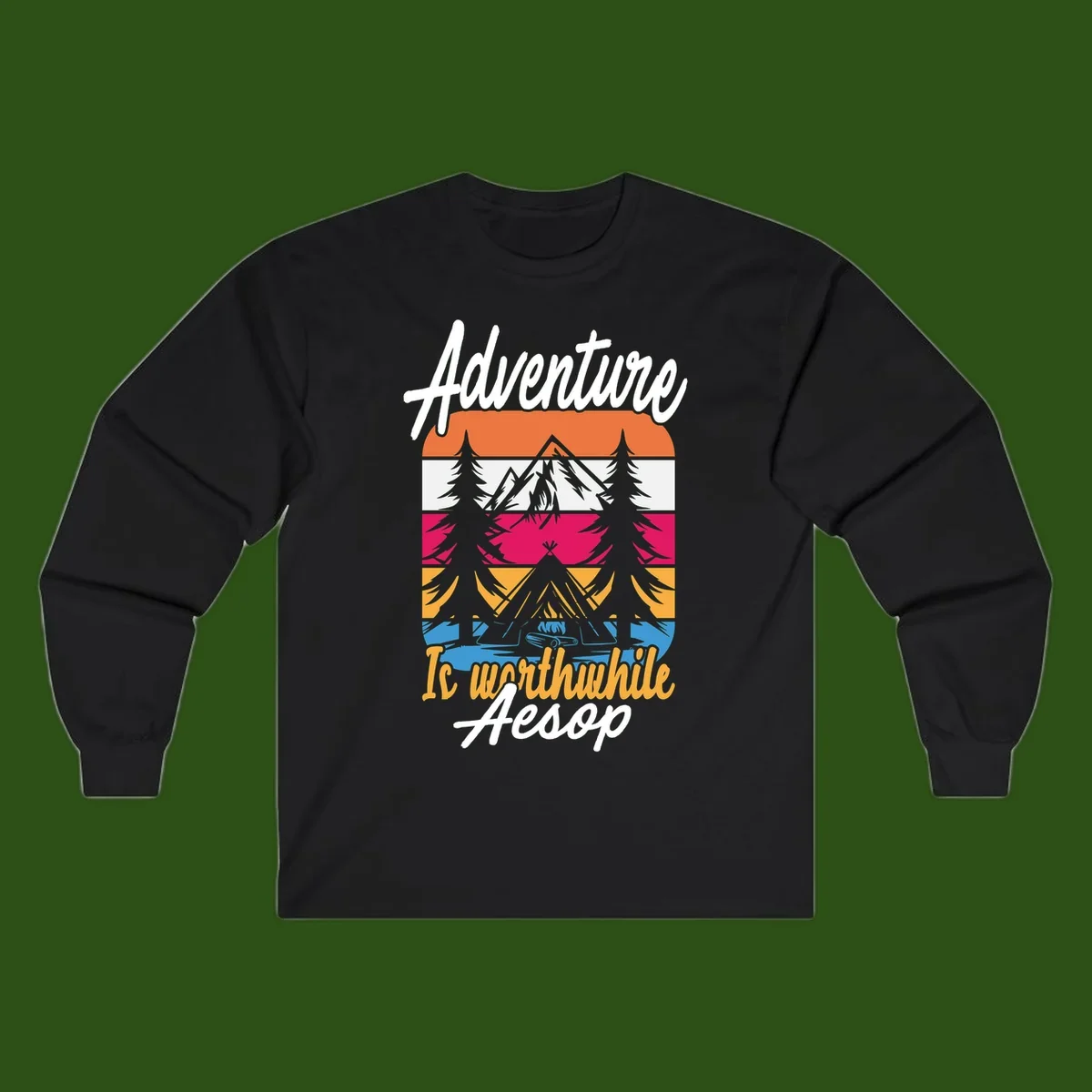 Retro layered mountain landscape with evergreen trees and 'Adventure Is Worthwhile Aesop' text in vintage style