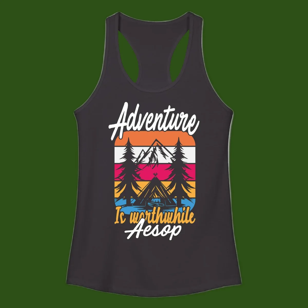 Retro layered mountain landscape with evergreen trees and 'Adventure Is Worthwhile Aesop' text in vintage style