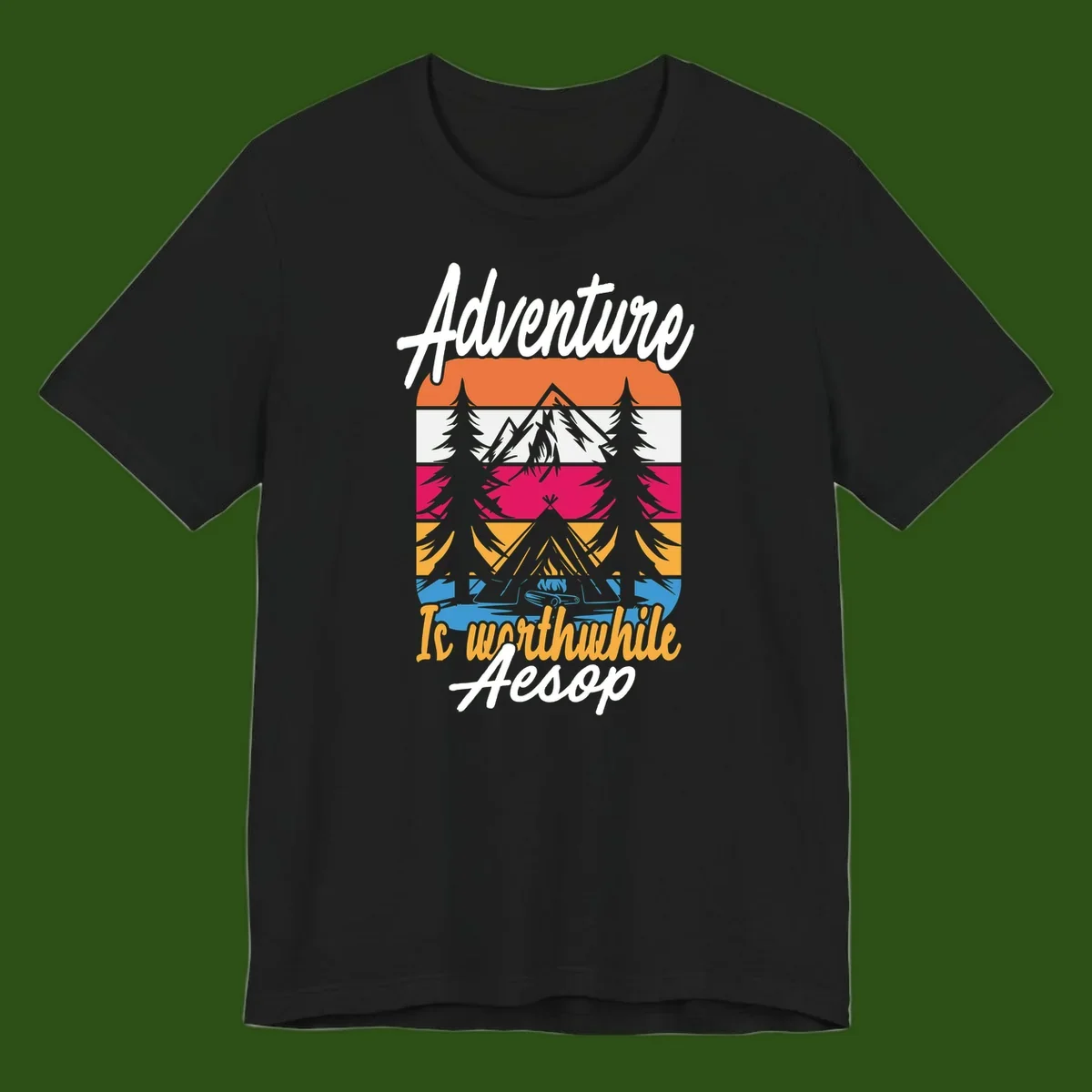 Retro layered mountain landscape with evergreen trees and 'Adventure Is Worthwhile Aesop' text in vintage style