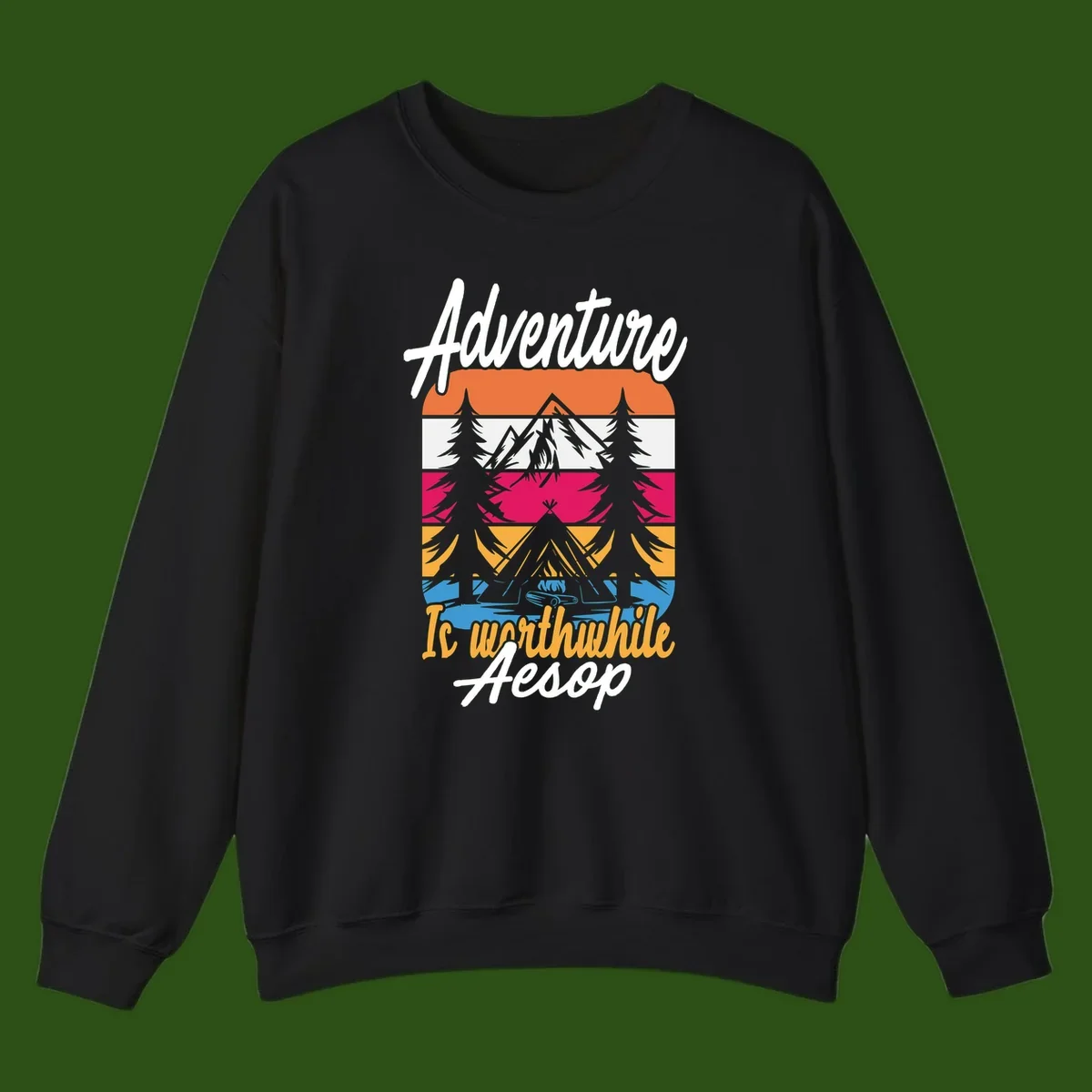 Retro layered mountain landscape with evergreen trees and 'Adventure Is Worthwhile Aesop' text in vintage style
