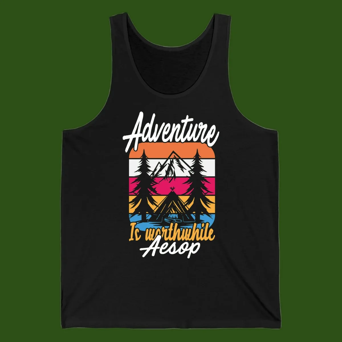 Retro layered mountain landscape with evergreen trees and 'Adventure Is Worthwhile Aesop' text in vintage style