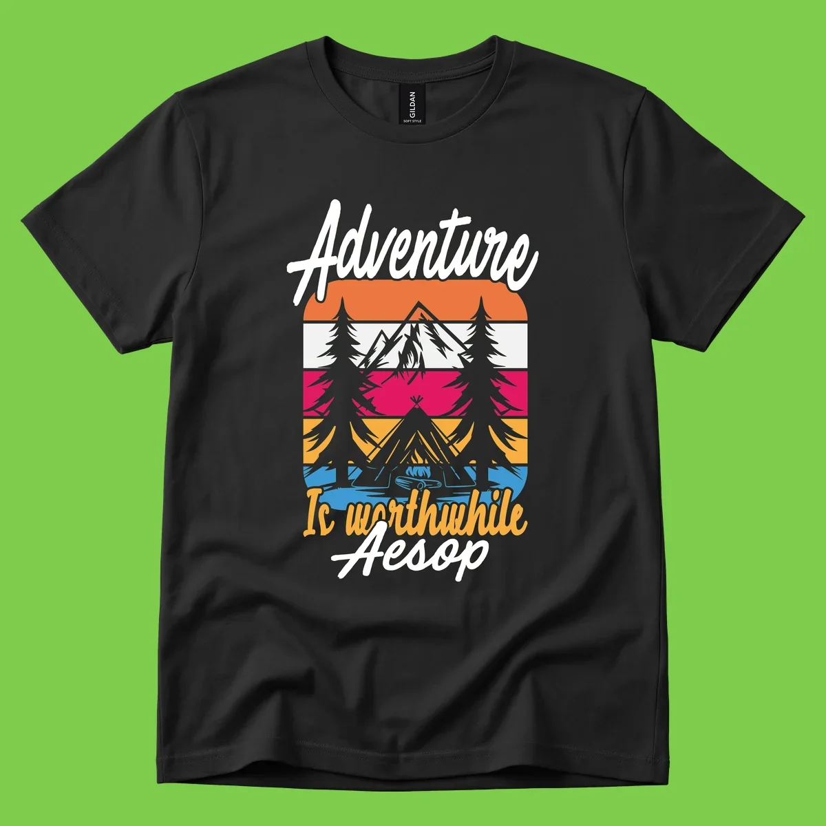 Retro layered mountain landscape with evergreen trees and 'Adventure Is Worthwhile Aesop' text in vintage style