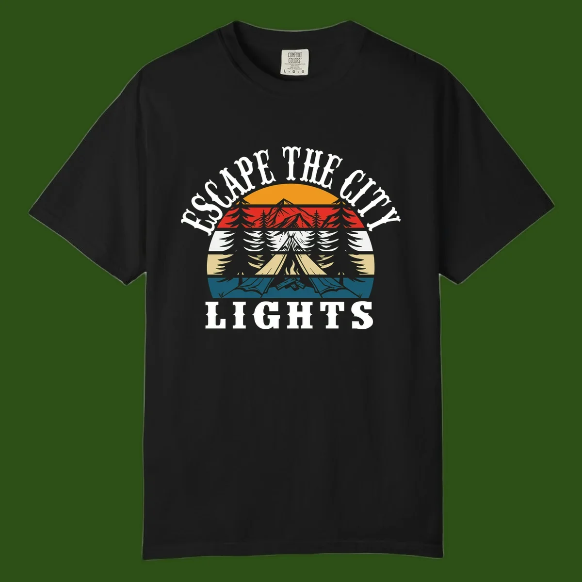 Circular badge with mountain peak, campfire, and layered landscape in orange, red, white, tan, and teal with 'Respect The Campfire Lights' text.
