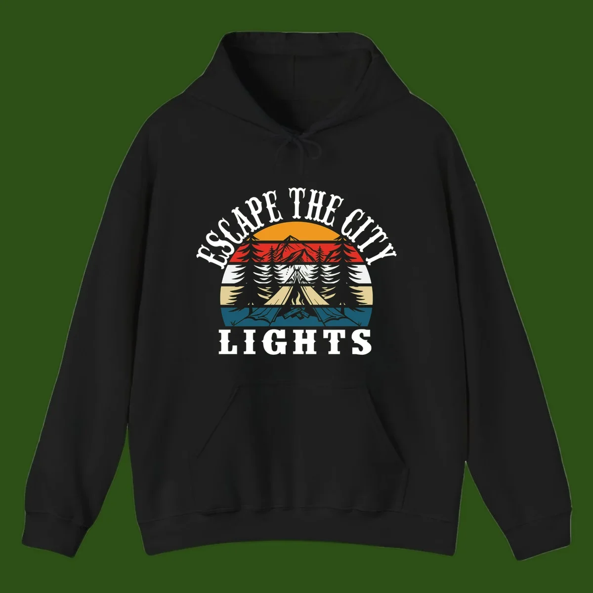 Circular badge with mountain peak, campfire, and layered landscape in orange, red, white, tan, and teal with 'Respect The Campfire Lights' text.