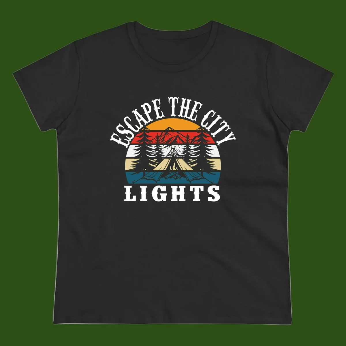 Circular badge with mountain peak, campfire, and layered landscape in orange, red, white, tan, and teal with 'Respect The Campfire Lights' text.