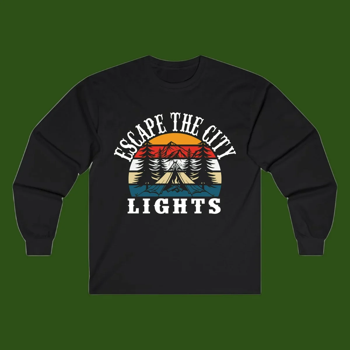 Circular badge with mountain peak, campfire, and layered landscape in orange, red, white, tan, and teal with 'Respect The Campfire Lights' text.