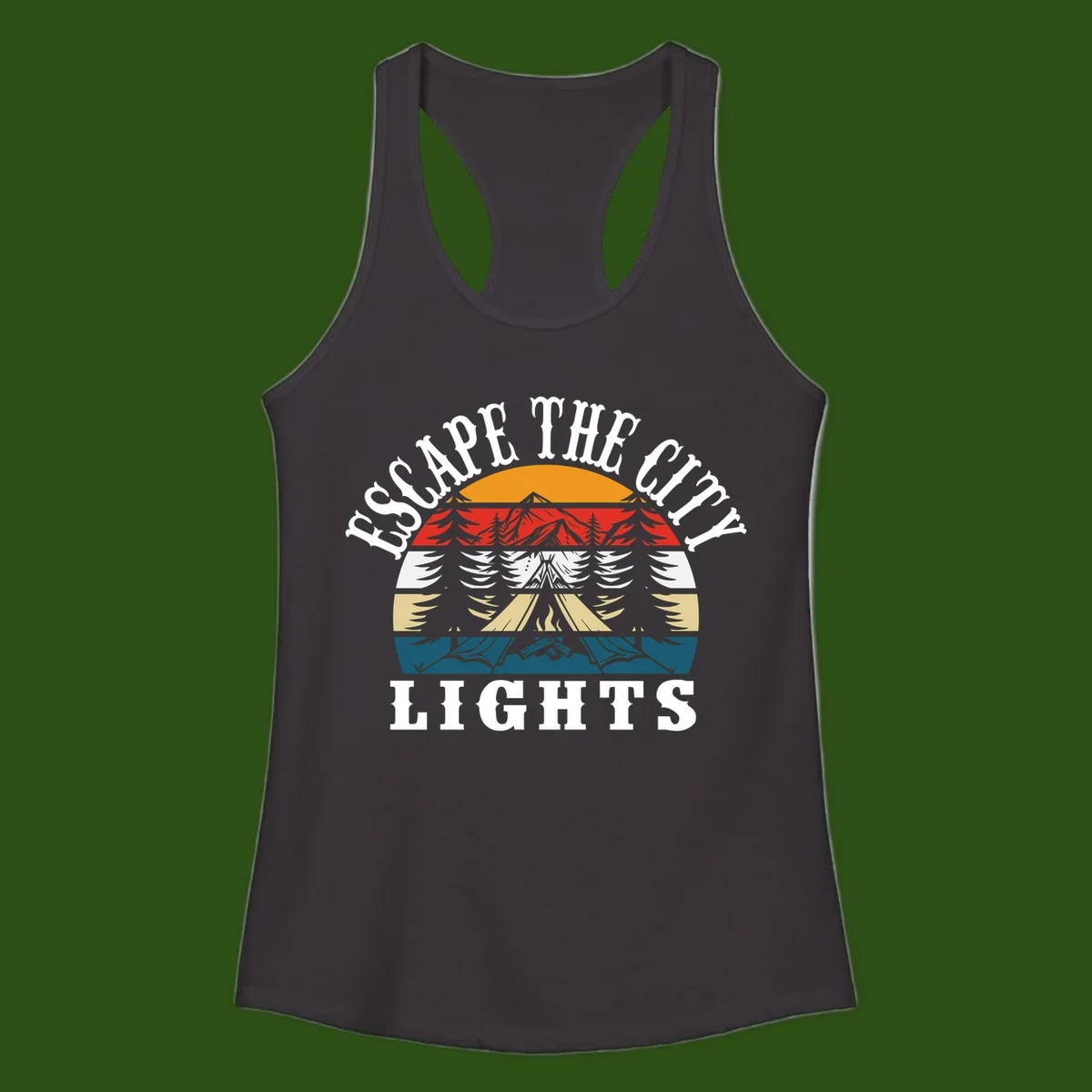 Circular badge with mountain peak, campfire, and layered landscape in orange, red, white, tan, and teal with 'Respect The Campfire Lights' text.