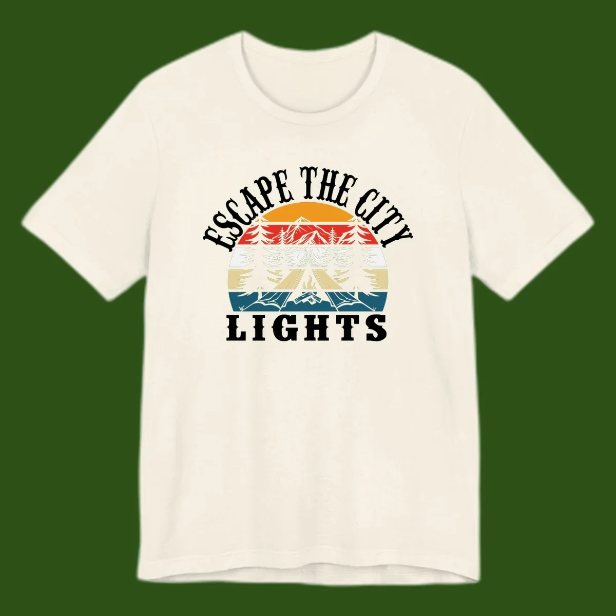 Circular badge with mountain peak, campfire, and layered landscape in orange, red, white, tan, and teal with 'Respect The Campfire Lights' text.