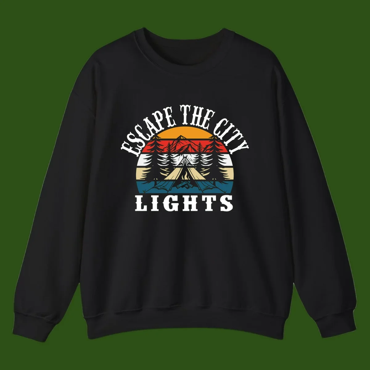 Circular badge with mountain peak, campfire, and layered landscape in orange, red, white, tan, and teal with 'Respect The Campfire Lights' text.