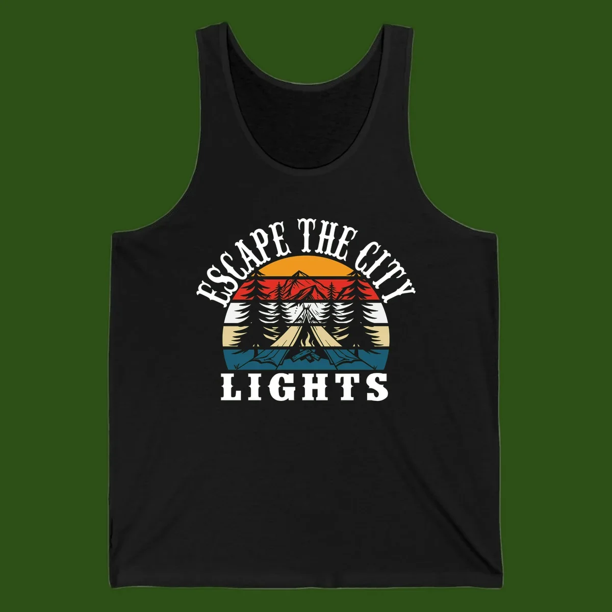 Circular badge with mountain peak, campfire, and layered landscape in orange, red, white, tan, and teal with 'Respect The Campfire Lights' text.