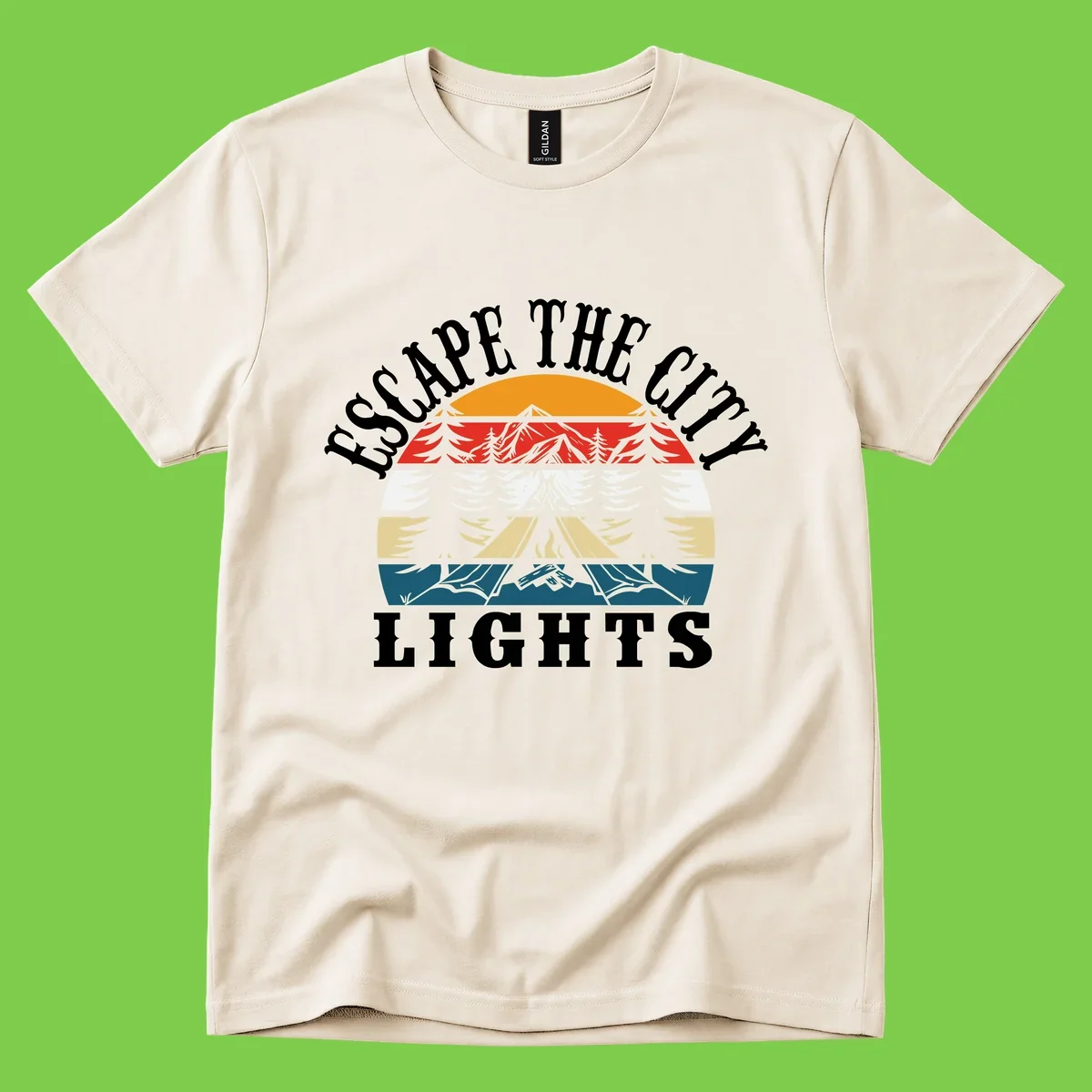 Circular badge with mountain peak, campfire, and layered landscape in orange, red, white, tan, and teal with 'Respect The Campfire Lights' text.