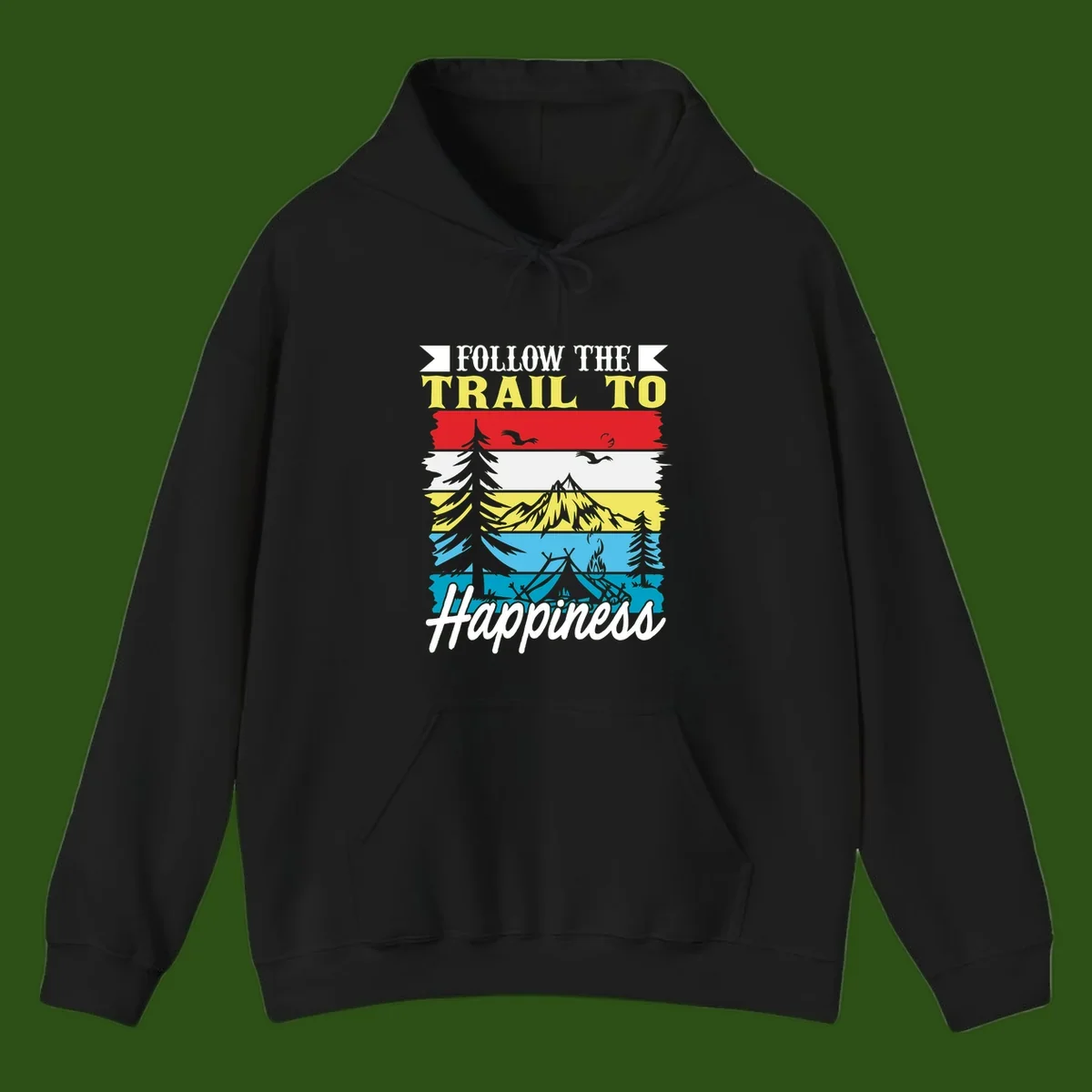 Striped landscape illustration with 'Follow The Trail To Happiness' text, featuring camping, hiking, and outdoor silhouettes across forest, mountain, and water scenes.