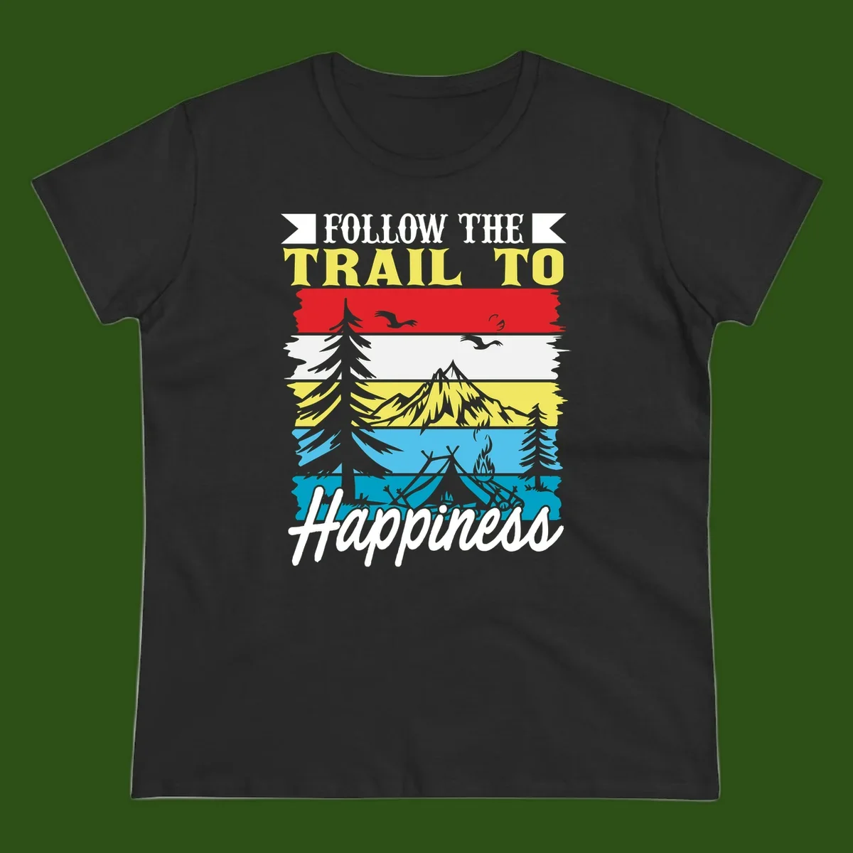 Striped landscape illustration with 'Follow The Trail To Happiness' text, featuring camping, hiking, and outdoor silhouettes across forest, mountain, and water scenes.