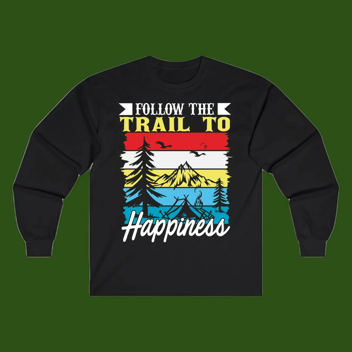 Striped landscape illustration with 'Follow The Trail To Happiness' text, featuring camping, hiking, and outdoor silhouettes across forest, mountain, and water scenes.