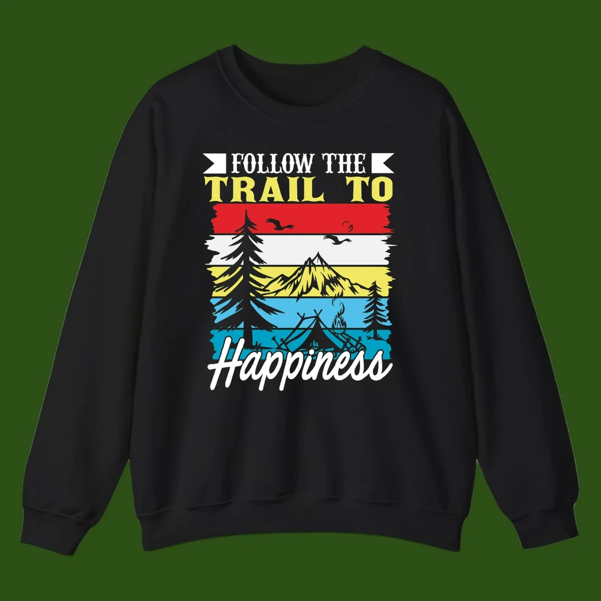 Striped landscape illustration with 'Follow The Trail To Happiness' text, featuring camping, hiking, and outdoor silhouettes across forest, mountain, and water scenes.