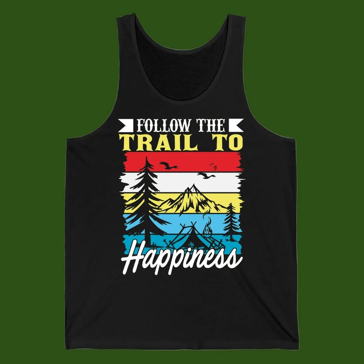 Striped landscape illustration with 'Follow The Trail To Happiness' text, featuring camping, hiking, and outdoor silhouettes across forest, mountain, and water scenes.