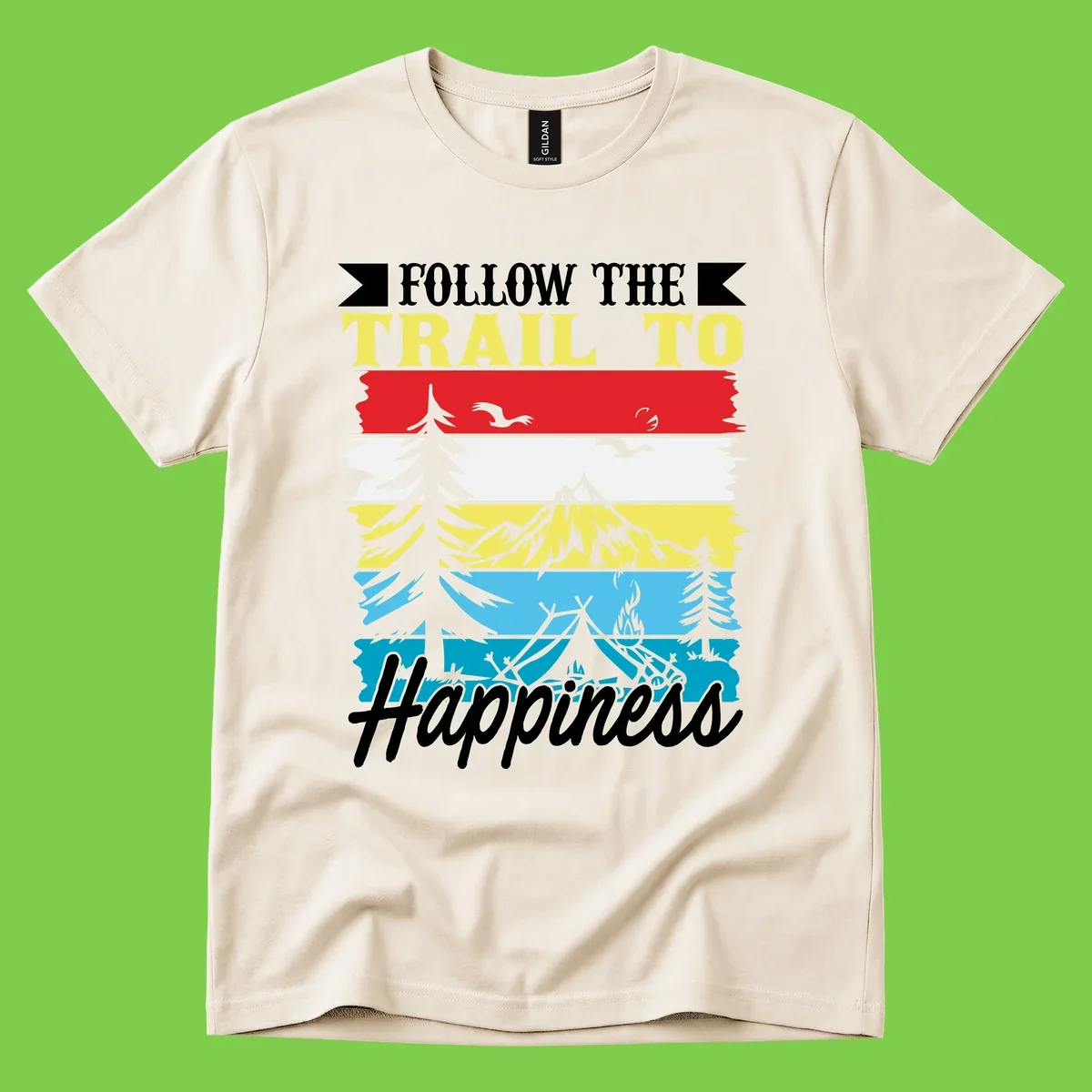 Striped landscape illustration with 'Follow The Trail To Happiness' text, featuring camping, hiking, and outdoor silhouettes across forest, mountain, and water scenes.