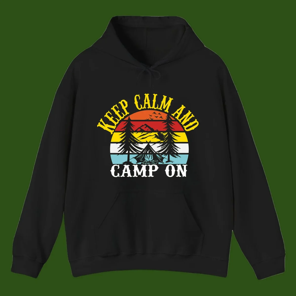 Keep Calm and Camp On design with colorful horizontal stripes, tree roots, and camping-themed text banner