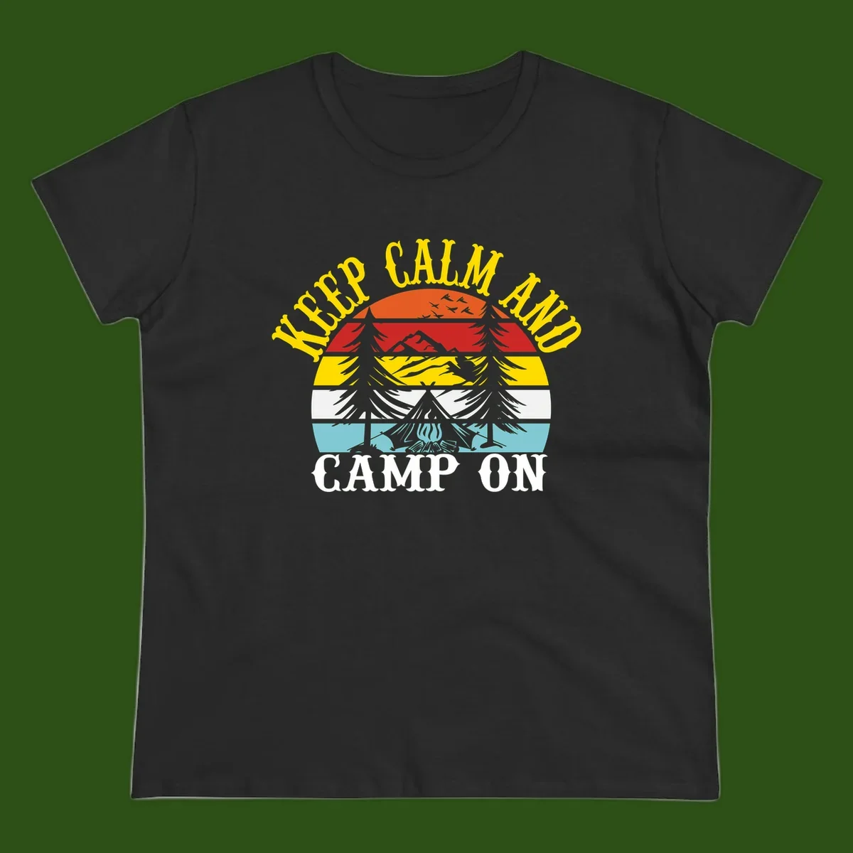 Keep Calm and Camp On design with colorful horizontal stripes, tree roots, and camping-themed text banner