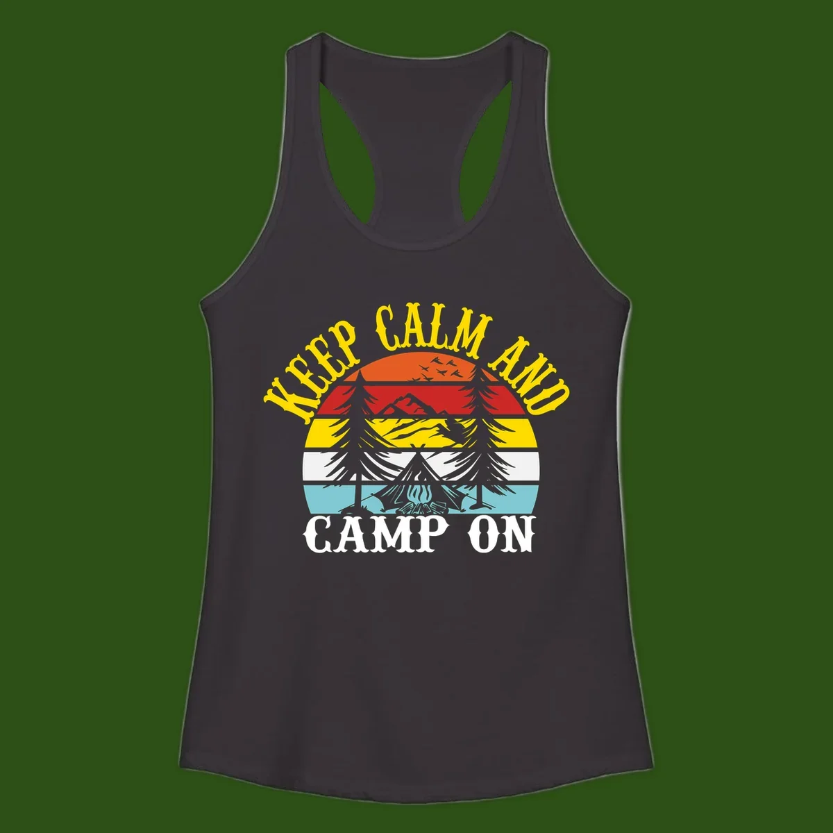 Keep Calm and Camp On design with colorful horizontal stripes, tree roots, and camping-themed text banner