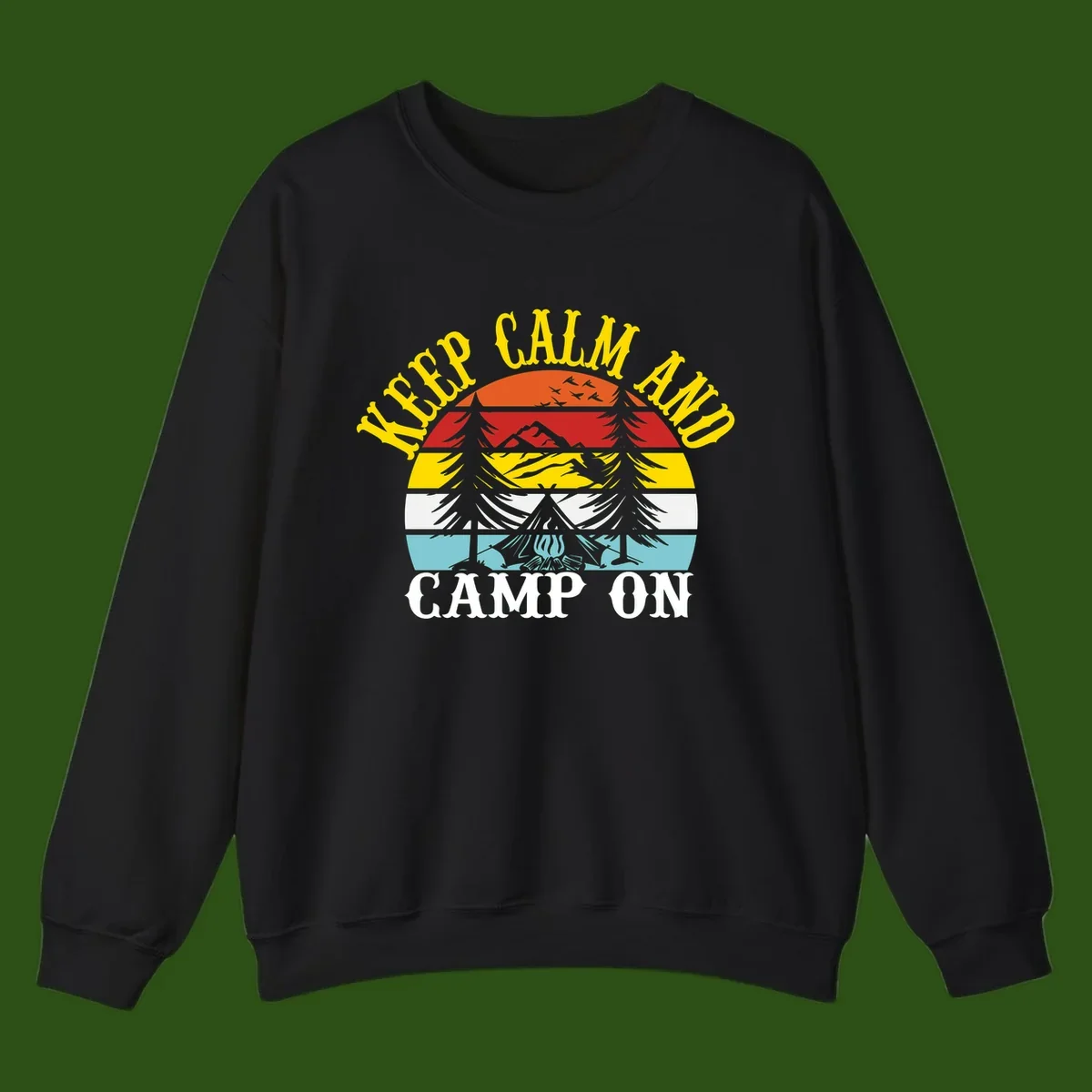 Keep Calm and Camp On design with colorful horizontal stripes, tree roots, and camping-themed text banner