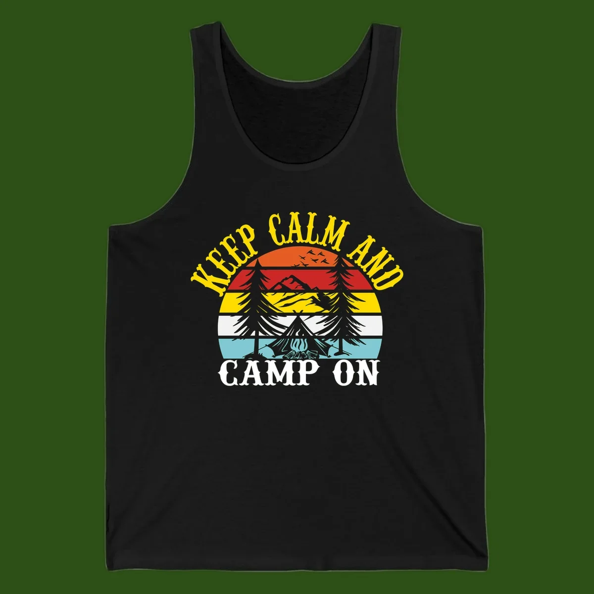Keep Calm and Camp On design with colorful horizontal stripes, tree roots, and camping-themed text banner