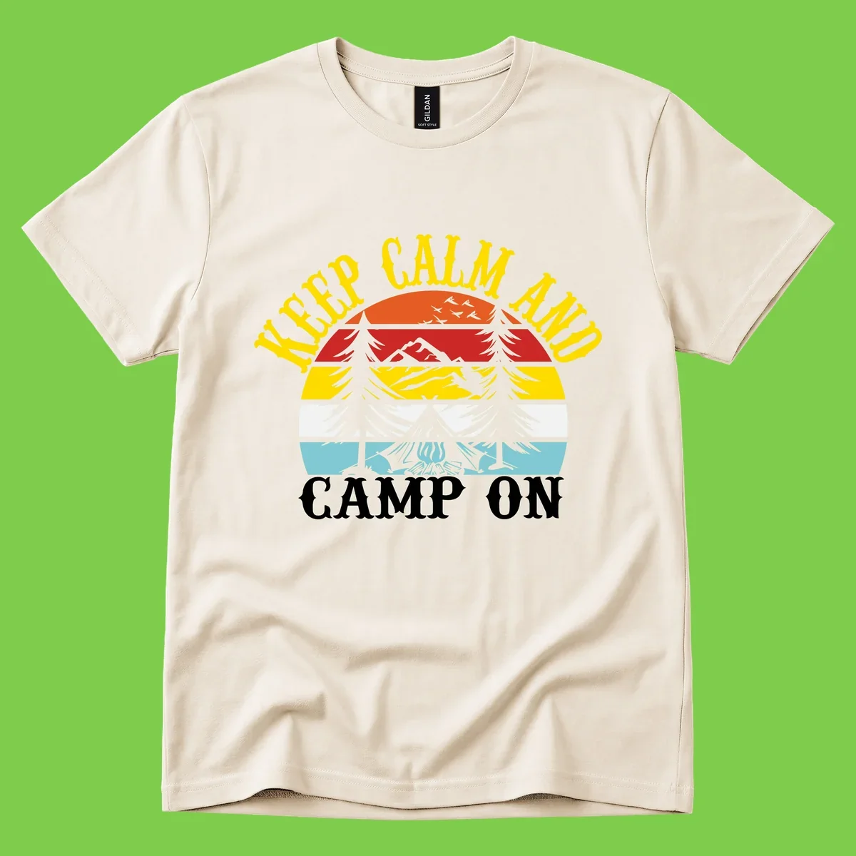 Keep Calm and Camp On design with colorful horizontal stripes, tree roots, and camping-themed text banner