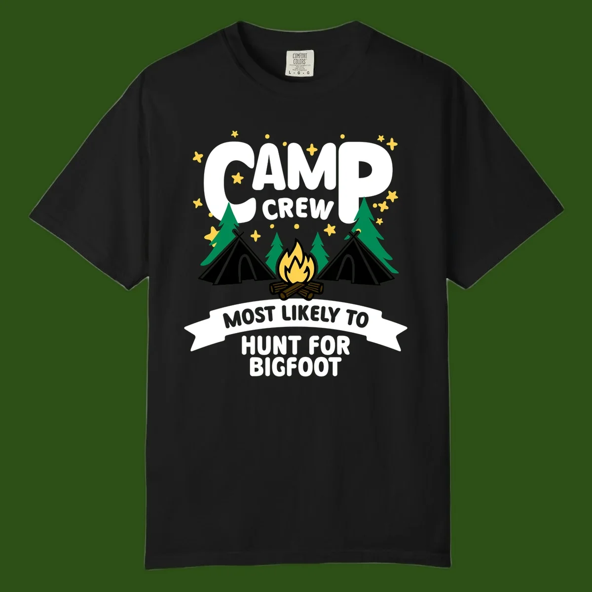 Camp crew bigfoot hunt design with teepees, campfire, pine trees, and stars on gray background