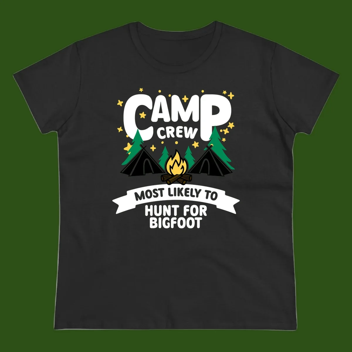 Camp crew bigfoot hunt design with teepees, campfire, pine trees, and stars on gray background