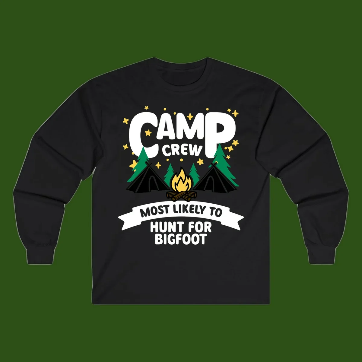 Camp crew bigfoot hunt design with teepees, campfire, pine trees, and stars on gray background