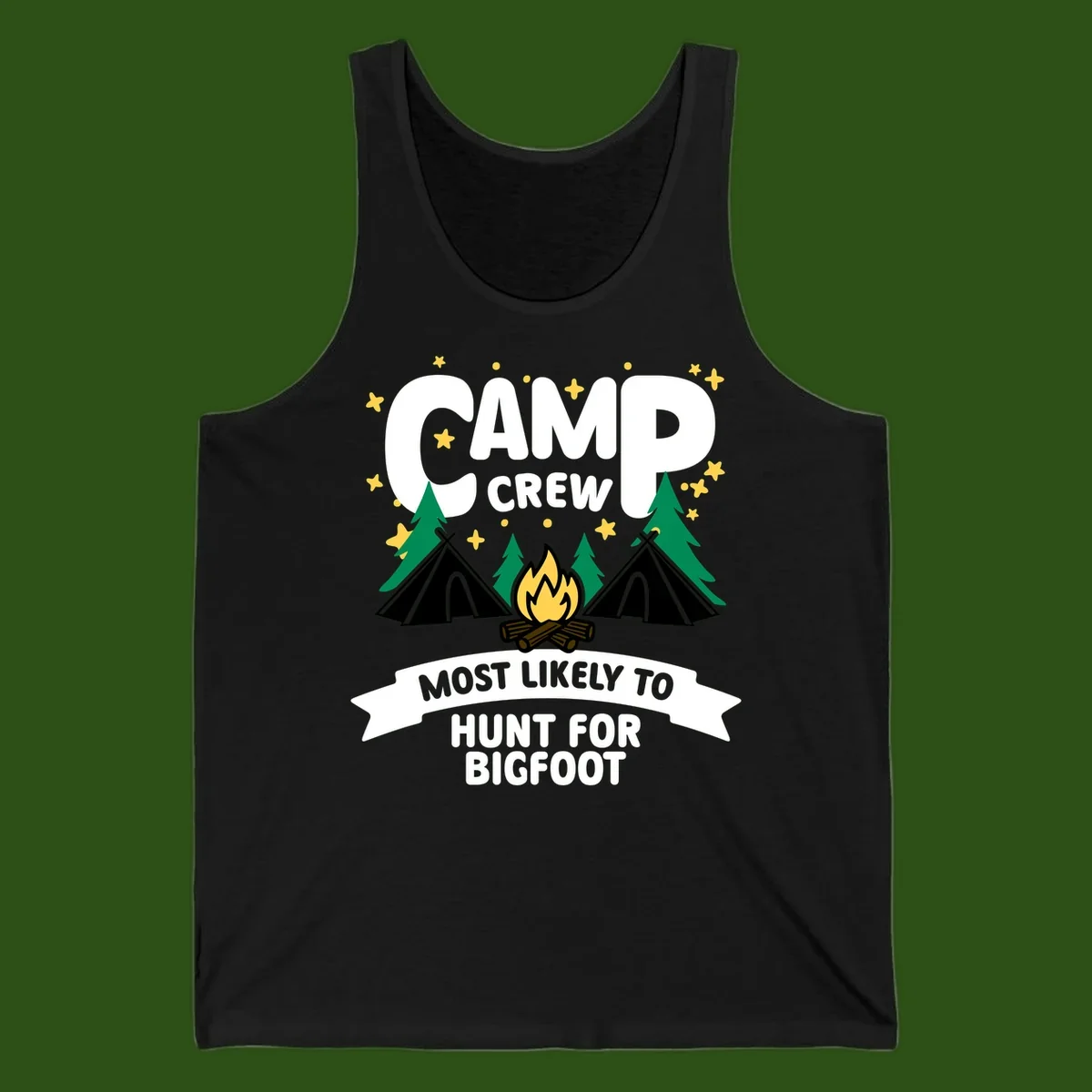 Camp crew bigfoot hunt design with teepees, campfire, pine trees, and stars on gray background