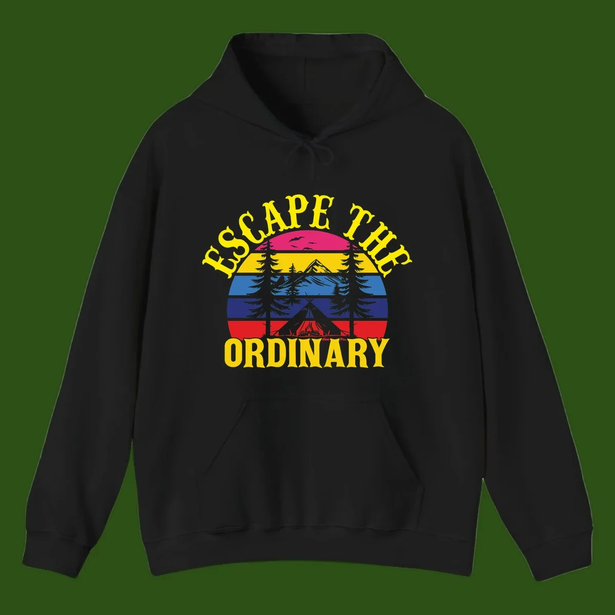 Safe Thru Ordinary design featuring retro horizontal stripes with integrated mountain and forest landscape imagery
