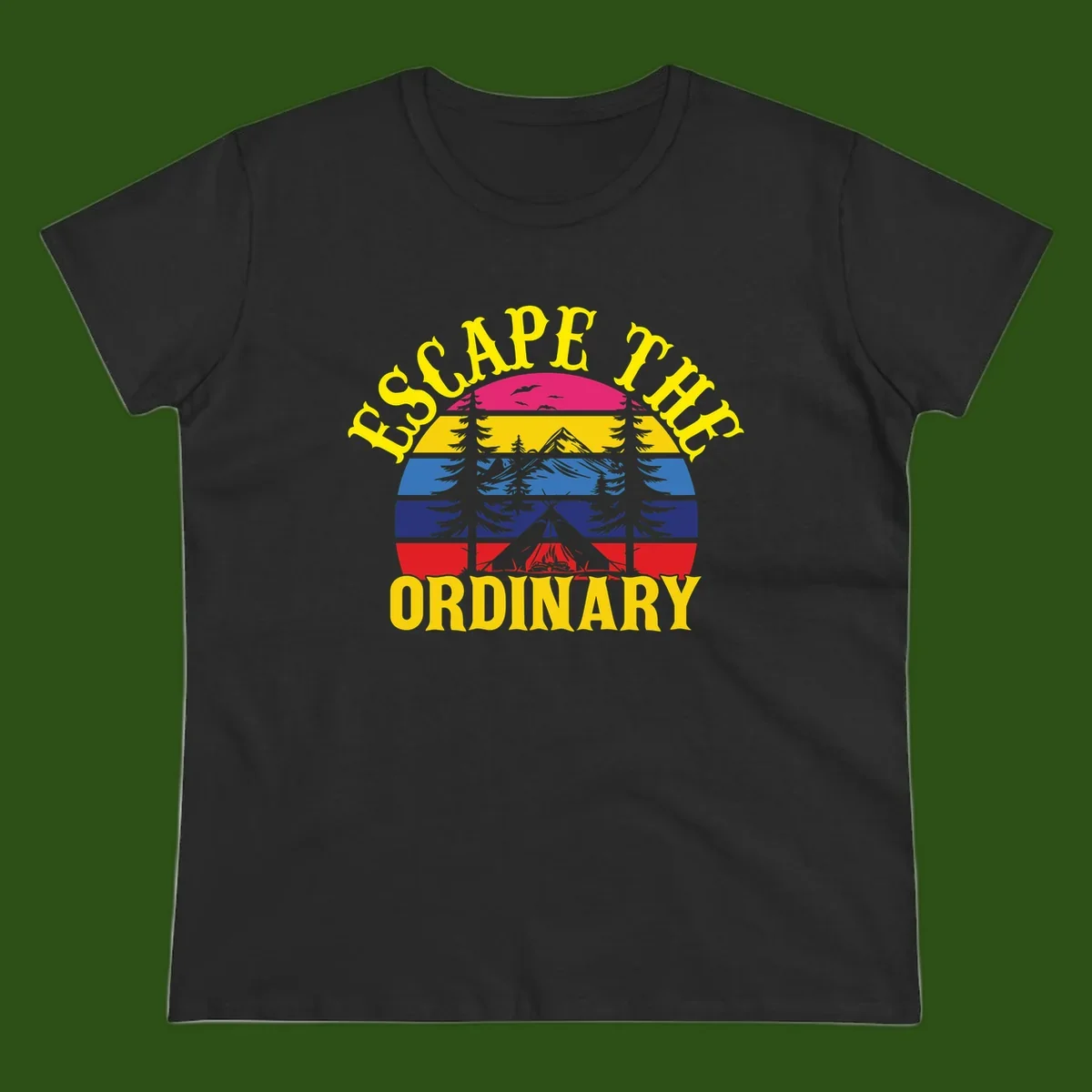 Safe Thru Ordinary design featuring retro horizontal stripes with integrated mountain and forest landscape imagery