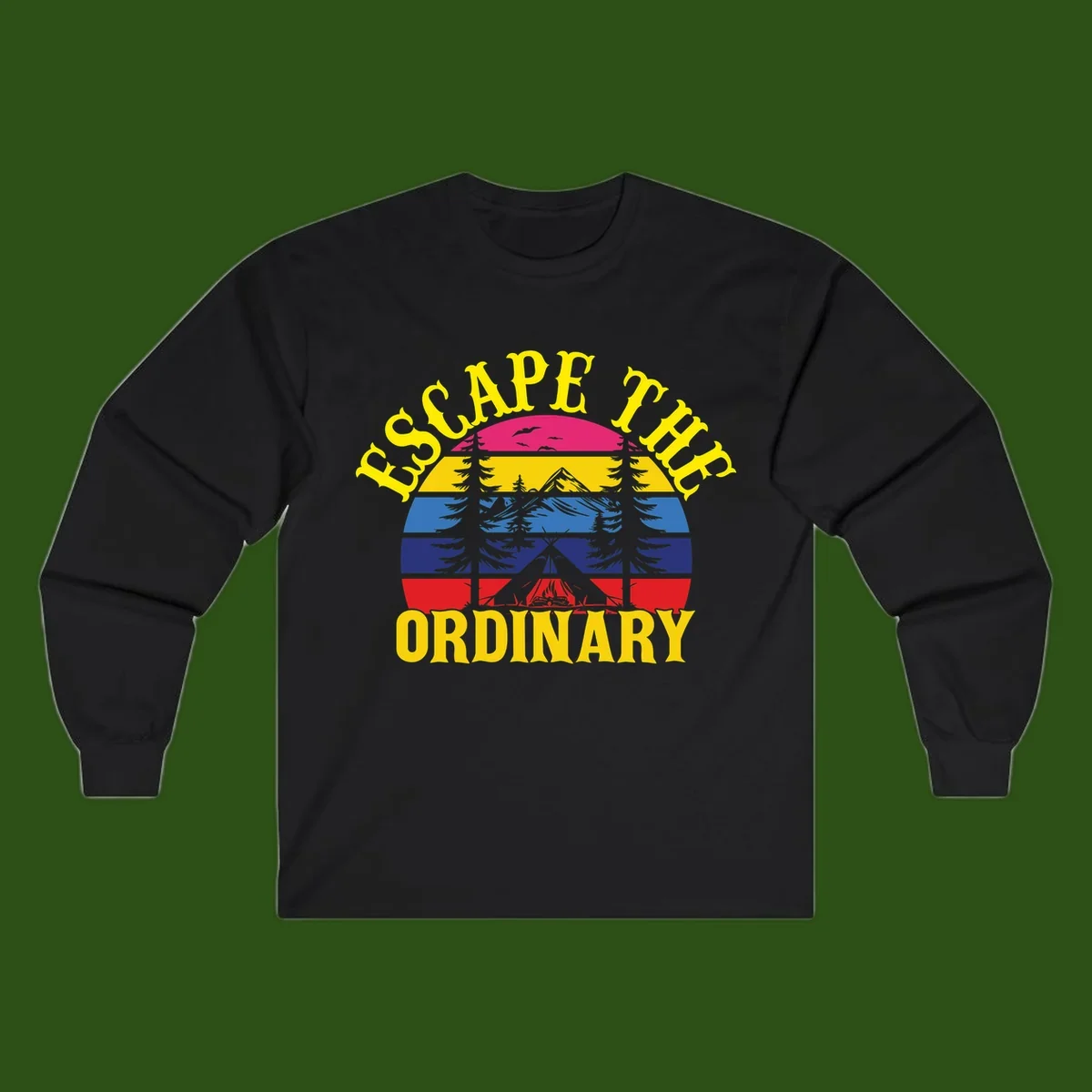 Safe Thru Ordinary design featuring retro horizontal stripes with integrated mountain and forest landscape imagery